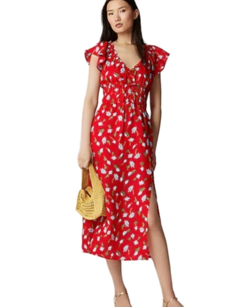 J Crew Dress XS Palermo Midi Ramie Floral Red Sundress Summer Cottagecore Boho
